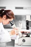 Female scientist looking in microscope
