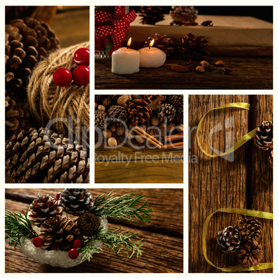 Candle and pine cone on wood table