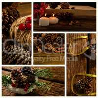Candle and pine cone on wood table
