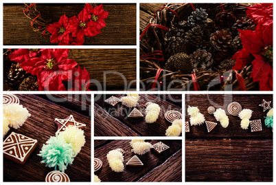Red flowers and pine cone with Christmas candy