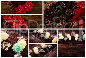 Red flowers and pine cone with Christmas candy