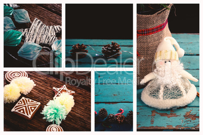 Cone pine on blue table with Christmas decoration