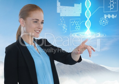 Scientific health interface and Businesswoman touching air in front of snow mountains and sky