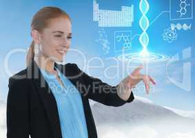 Scientific health interface and Businesswoman touching air in front of snow mountains and sky