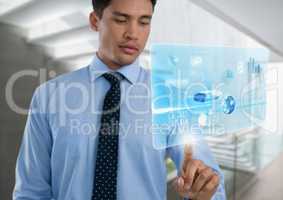 Technology interface and Businessman touching air in front of stairway