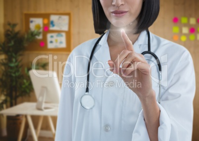 Doctor woman touching air in front of office