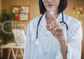 Doctor woman touching air in front of office