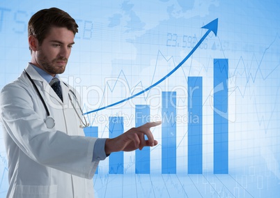 Doctor touching air in front of bar charts