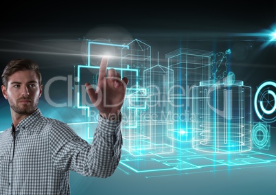 Businessman touching air in front of 3D building interfaces
