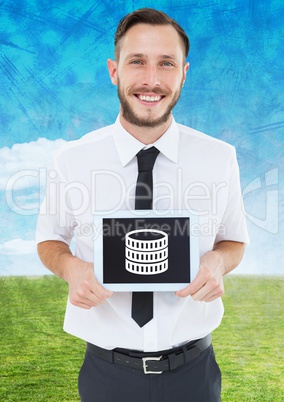 Man holding tablet with money icon