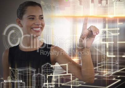 Building structure interface and Businesswoman touching air in front of office
