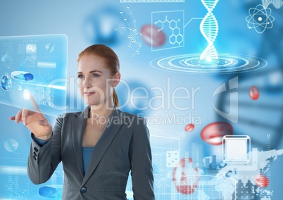 Medical interface and Businesswoman touching air in front of science micro organisms