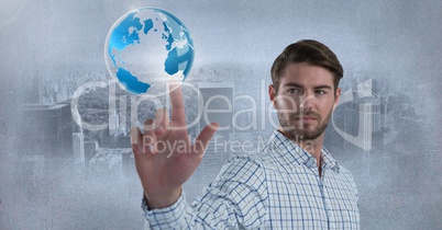 World globe bubble and Businessman touching air in front of city