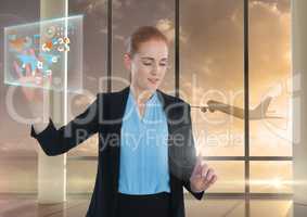 Map Information interface and Businesswoman touching air in front of airplane in airport