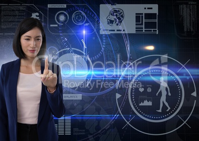 Businesswoman touching air in front of science technology background