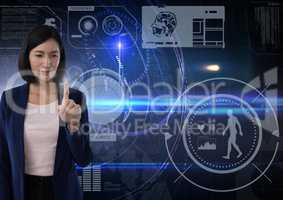 Businesswoman touching air in front of science technology background