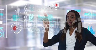 Medical health interface and Businesswoman touching air in front of office