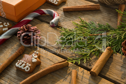 High angel view of Christmas decoration with spice