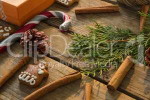 High angel view of Christmas decoration with spice