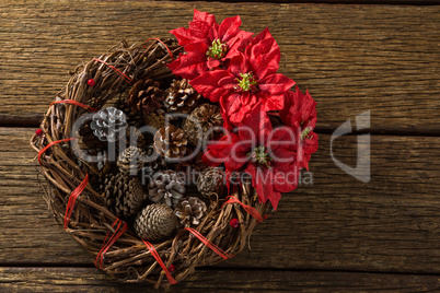 Overhead view of artificial nest with pine cones and poinsettia flowers