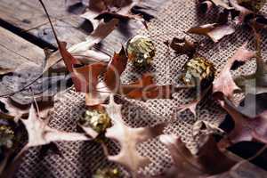 Sequin balls and dry leaves on wooden plank