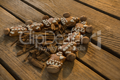 Close up of Christmas tree made with gingerbread cookies and cinnamon sticks