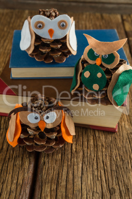 Owl decorated with pine cone and book stack on wooden table