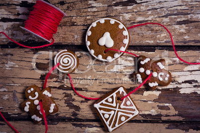 Various christmas cookies arranged in thread