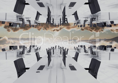 inverted office in the clouds with skyline