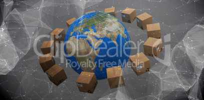 Composite image of globe amidst brown cardboard boxes