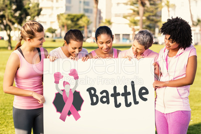 Composite image of battle text with female likeness and breast cancer awareness ribbon