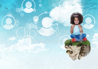Young Girl on floating rock platform  in sky with people profiles interface