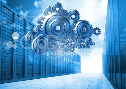 3D cog gears cloud with servers in background