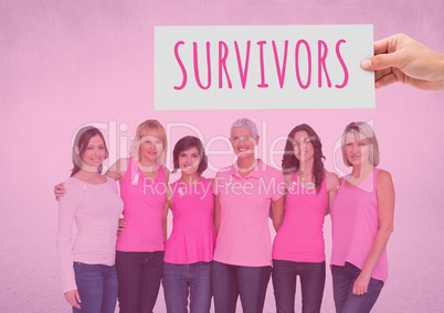Survivors Text and Hand holding card with pink breast cancer awareness women
