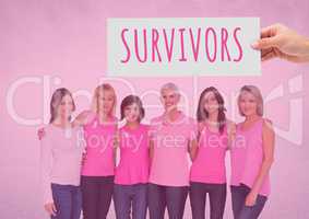 Survivors Text and Hand holding card with pink breast cancer awareness women