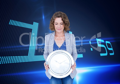 Business woman holding a clock against background with clock