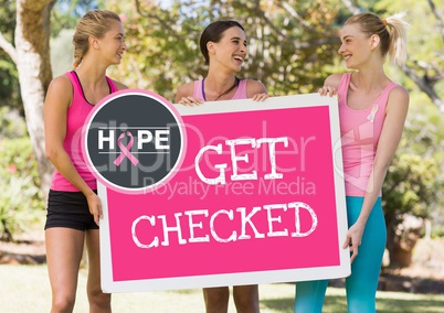 Get checked text and pink breast cancer awareness women holding card