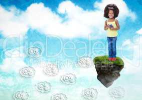 Young Girl on floating rock platform  in sky holding phone with cog graphic clouds