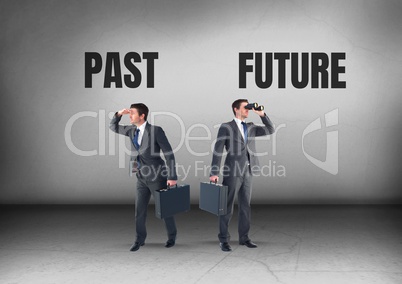 Past or future text Businessman looking in opposite directions