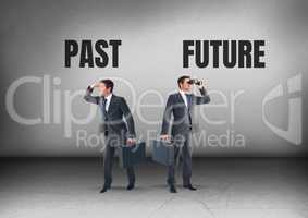 Past or future text Businessman looking in opposite directions