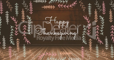 Happy thanksgiving text with illustrations in wooden rustic room