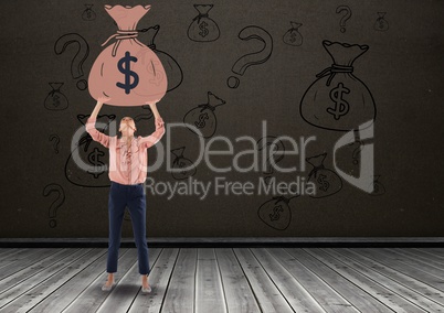 woman in front of money on wall