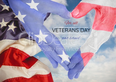 Veterans day, flag usa on hands with text