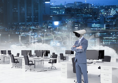 Businessman with CCTV head at office with city skyline