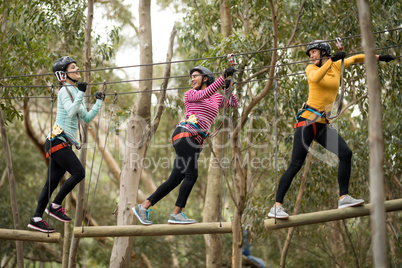 Friends enjoying zip line adventure in park