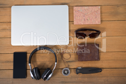 Various equipment on wooden floor