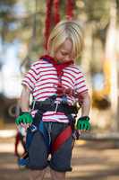 Boy looking at harness in park