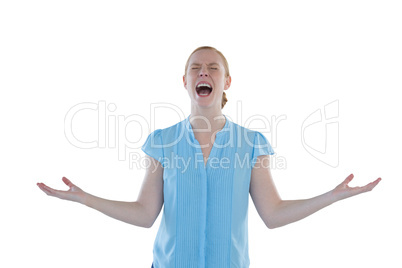 Female executive shouting against white background