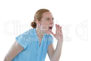 Female executive shouting against white background