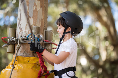 Cute boy enjoying zip line adventure on sunny day